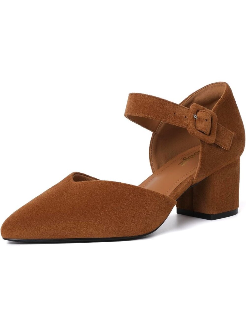 〽️Women Brown Suede Kitten Heel Pointed Closed Ankle Strap Buckle Slip On Shoes
